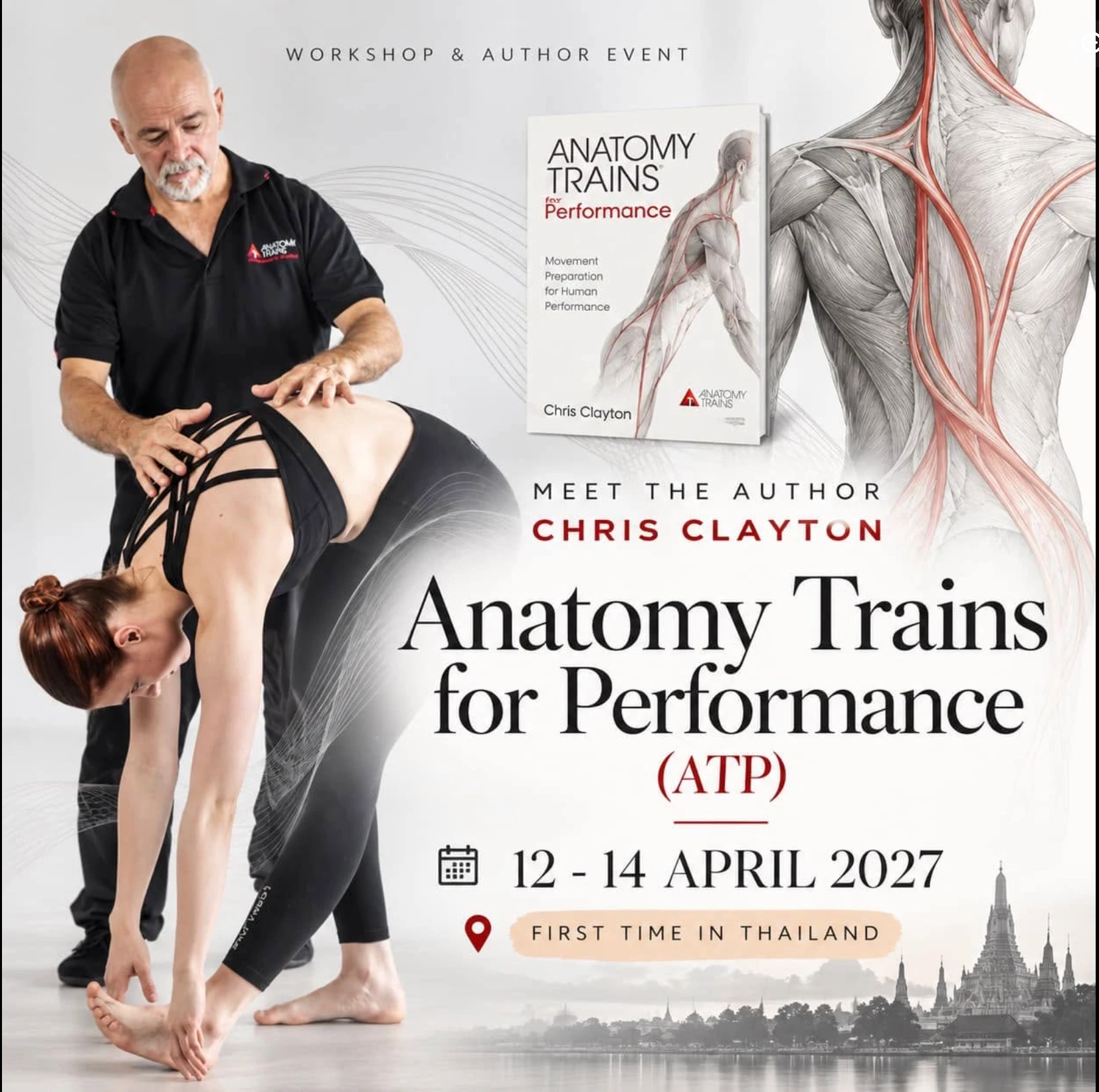 Poster for the Anatomy Trains for Performance workshop and author event with Chris Clayton, 12–14 April 2027