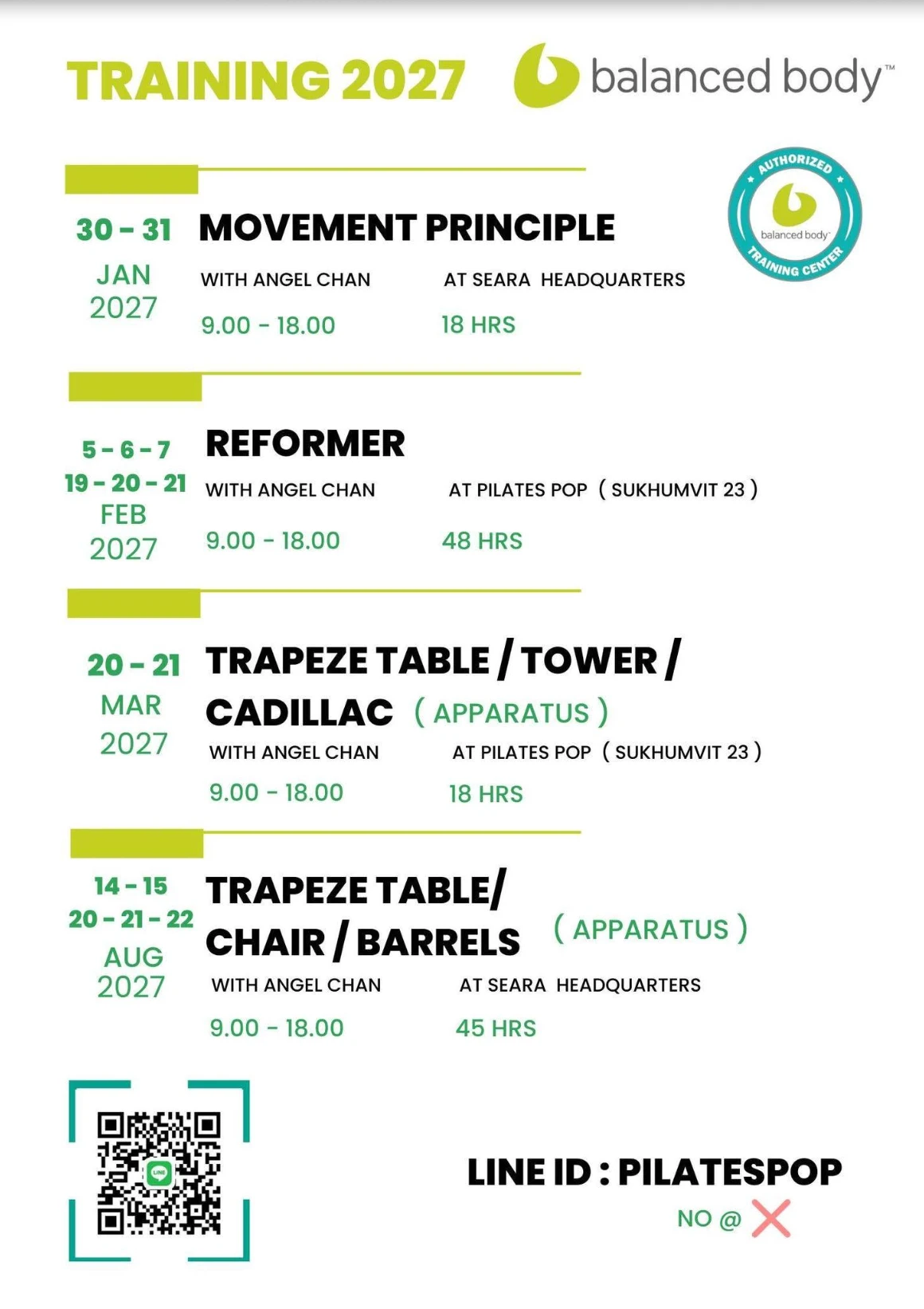 Balanced Body training schedule for 2027 with Angel Chan