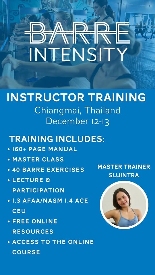 Barre Intensity instructor training poster listing what the training includes