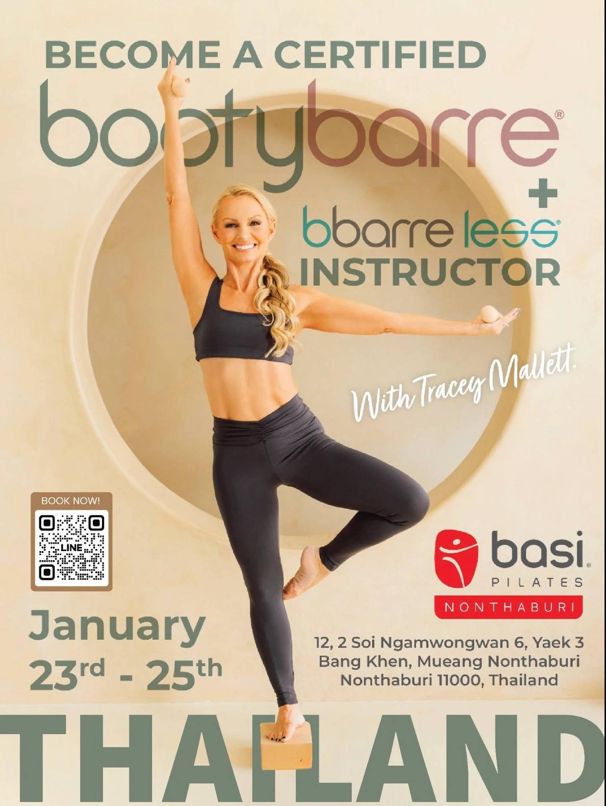 Poster for the bootybarre + bbarreless instructor certification with Tracey Mallett at BASI Pilates Nonthaburi