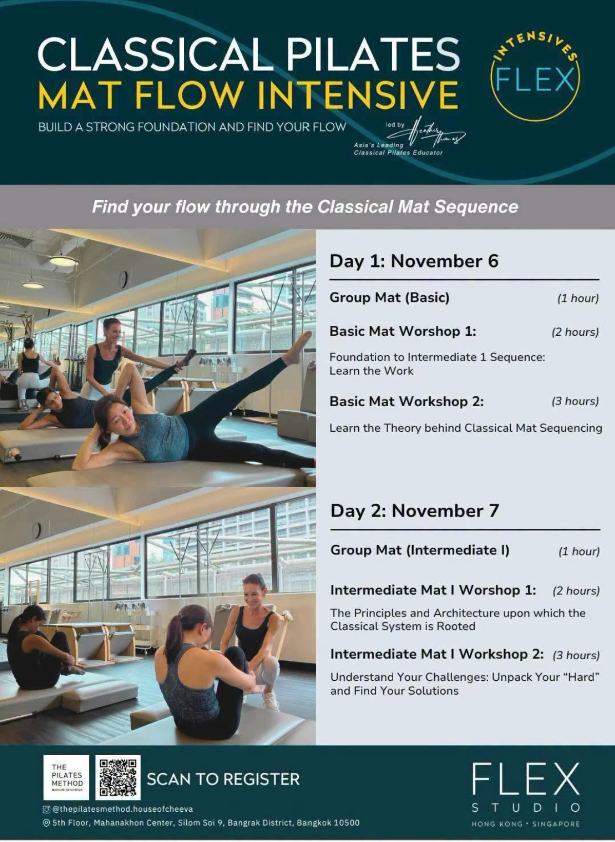 Programme for days 1 and 2 of the Classical Pilates Mat Flow Intensive