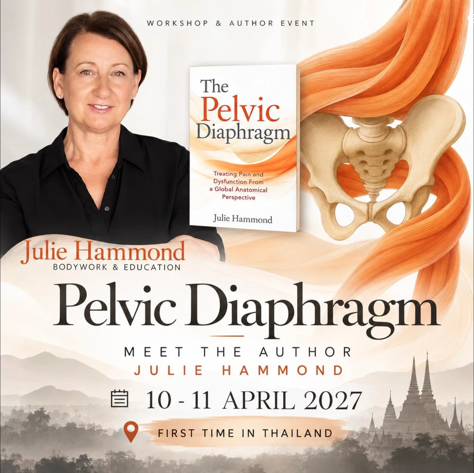 Poster for the Pelvic Diaphragm workshop and author event with Julie Hammond, 10–11 April 2027