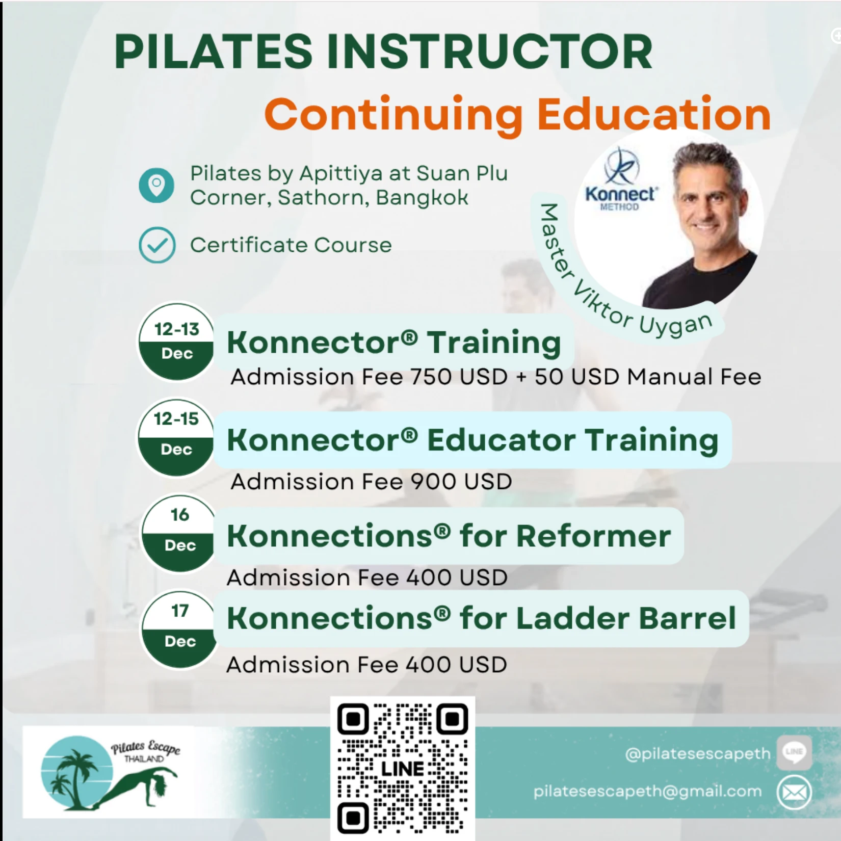 Poster for the Konnect Method courses with Viktor Uygan, hosted by Pilates Escape Thailand