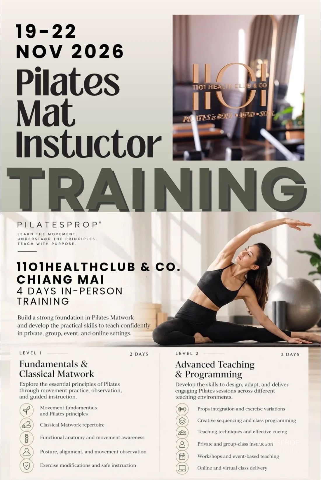 Poster for the Pilates Mat Instructor Training by Pilatesprop at 11o1 Health Club & Co., Chiang Mai, 19–22 November 2026