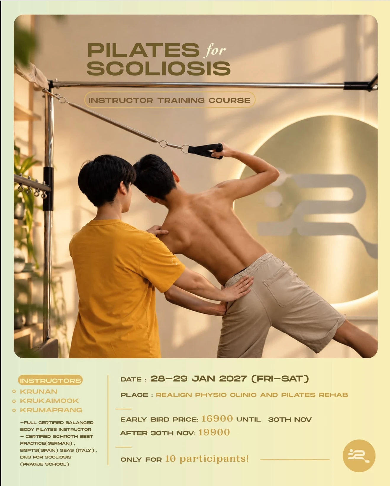 Poster for the Pilates for Scoliosis instructor training course at Realign Physio Clinic and Pilates Rehab