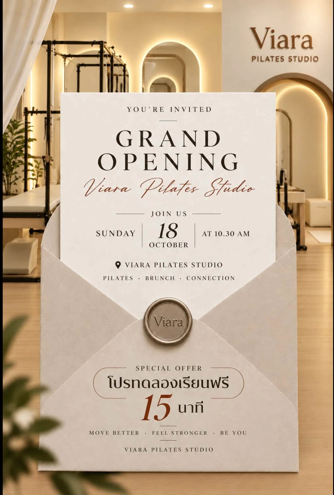 Viara Pilates Studio's grand opening invitation, Sunday 18 October